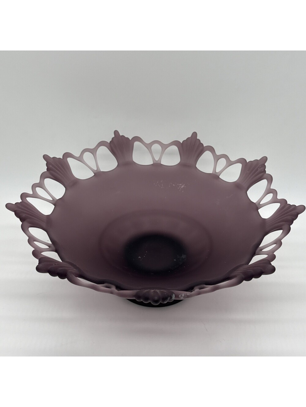 Vintage Amethyst Satin Glass Pedestal Compote Bowl Open Lace Reticulated Rim